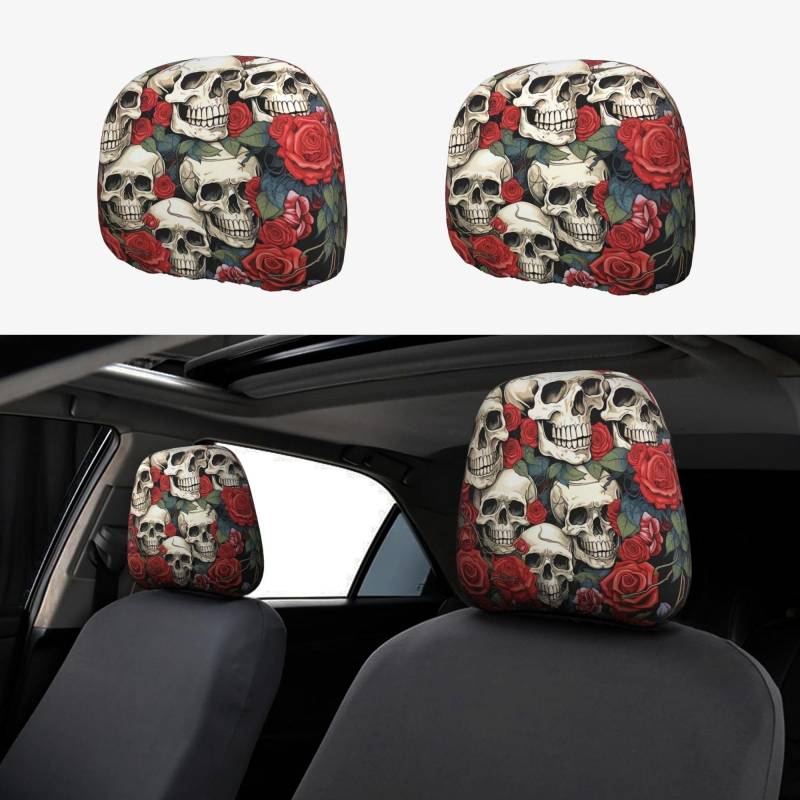 GlbnSHeric Autositz-Kopfstützenbezug, coole Totenkopf- und Rosen-Kopfstützenbezüge für Auto, personalisierbar, Autositz, Kopfstützenbezug, Autozubehör, Kopfstützenschutz für LKW, SUV von GlbnSHeric