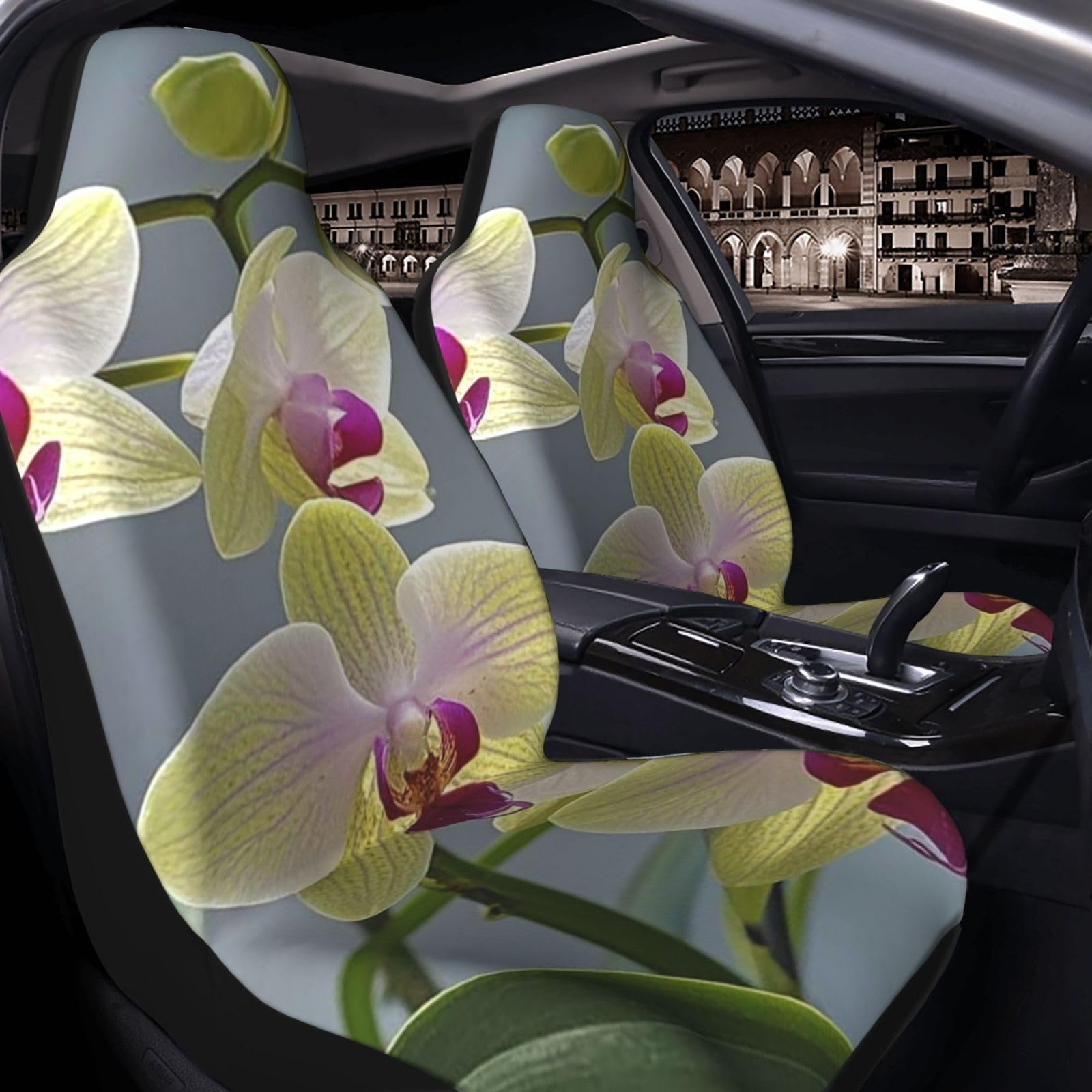 GlbnSHeric Autositzbezug, 2 Stück, Sitzbezüge für Auto, Vordersitzschutz, bunte Orchideen, Blumen, Sitzmatte mit elastischem Band, Sitzschutz, Autozubehör, 2 Stück von GlbnSHeric