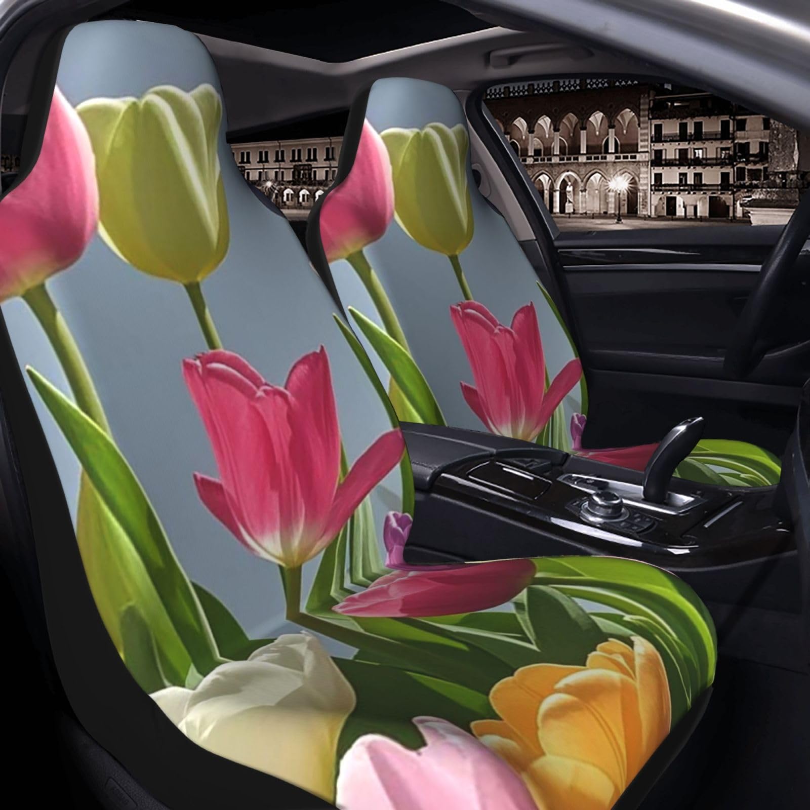 GlbnSHeric Autositzbezug, 2 Stück, Sitzbezüge für Auto, Vordersitzschutz, bunte Tulpenblumen, Sitzbezüge mit elastischem Band, Sitzschutz, Autozubehör, 2 Stück von GlbnSHeric