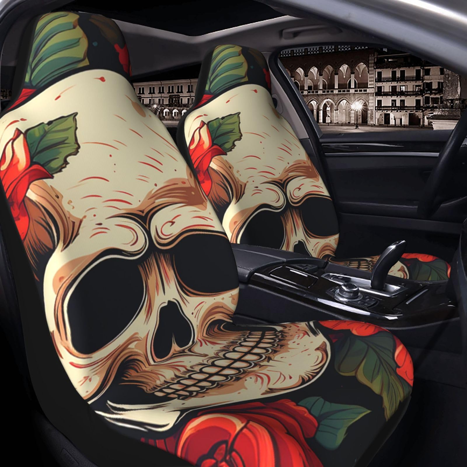 GlbnSHeric Autositzbezug 2 Stück Sitzbezüge für Auto Vordersitzschoner Sugar Skull Rose Sitzbezüge Autositzmatte mit Gummiband Sitzschoner Autozubehör 2er Set von GlbnSHeric