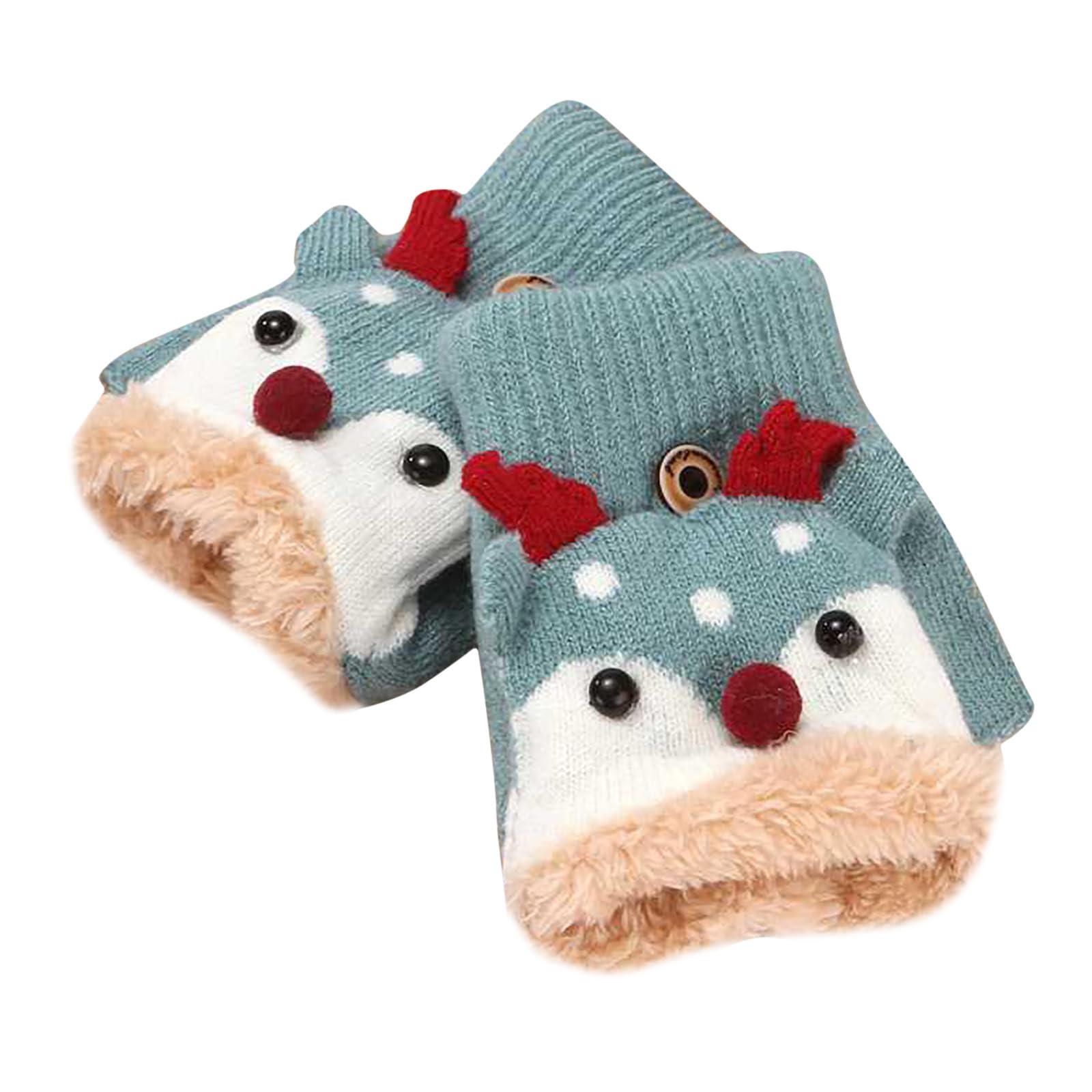 Handschuhe & Fäustlinge für Jungen Mädchen, Niedliche Kinder Fingerlose Handschuhe Strickhandschuhe mit Klappe, Plüsch Warme Cartoon Weihnachten Winterhandschuhe, Halbfinger Fäustlinge für Alter 2-6 von Glücksvogel