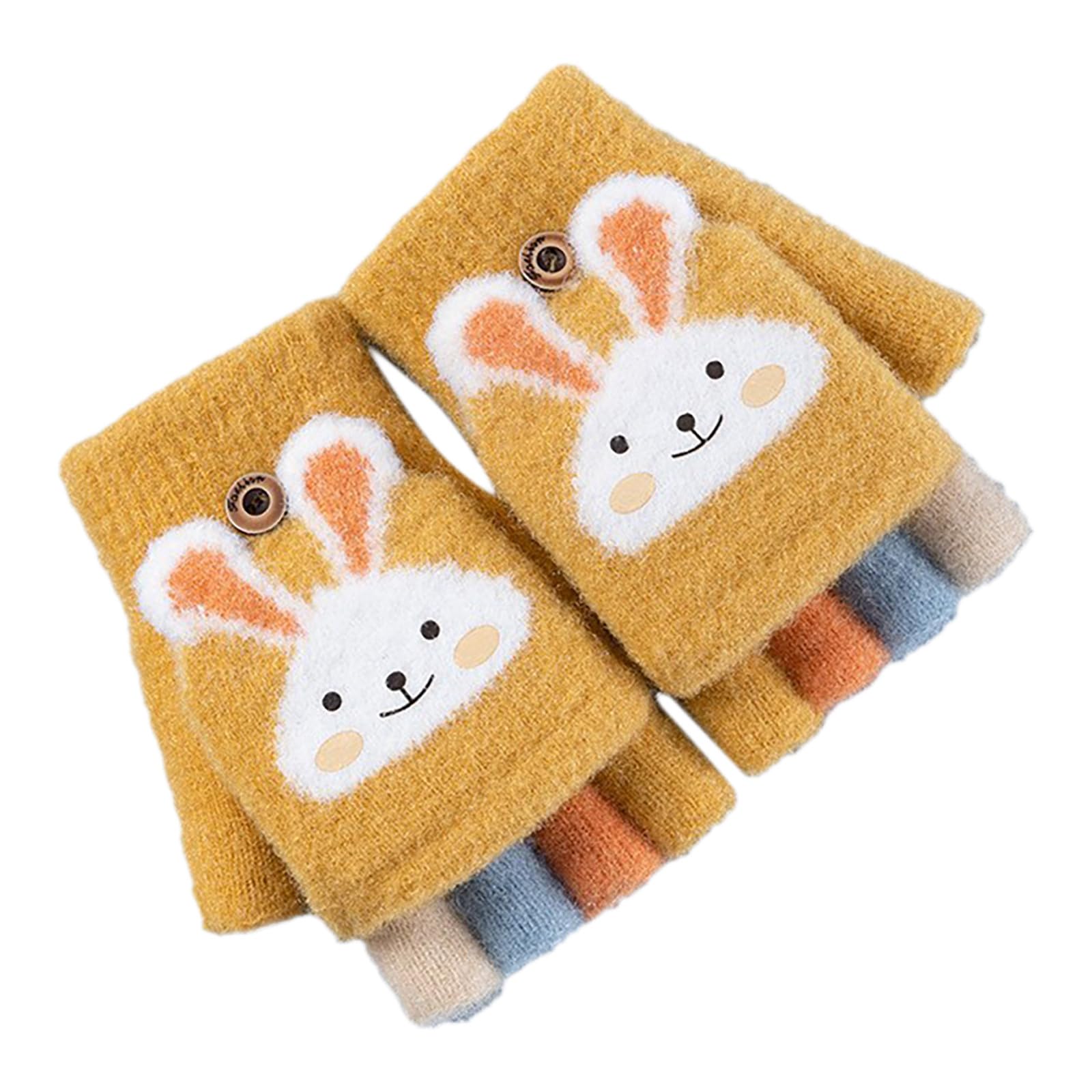 Niedliche Kinder Fausthandschuhe Mädchen Jungen Abnehmbare Klappe Cartoon Dicke Doppelt Strickhandschuhe Fäustlinge Handschuhe Fingerhandschuhe Fingerlos Halb Winterhandschuhe für Kinder 2-6 Jahre von Glücksvogel