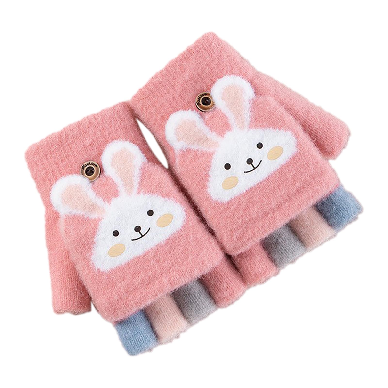 Niedliche Kinder Fausthandschuhe Mädchen Jungen Abnehmbare Klappe Cartoon Dicke Doppelt Strickhandschuhe Fäustlinge Handschuhe Fingerhandschuhe Fingerlos Halb Winterhandschuhe für Kinder 2-6 Jahre von Glücksvogel