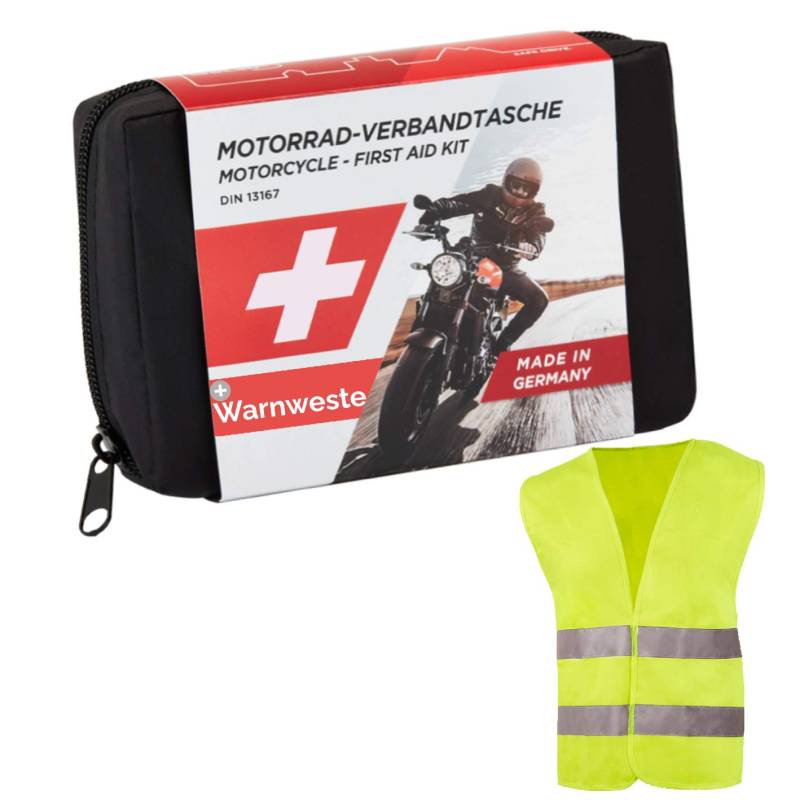 GoLab ® Motorrad Erste Hilfe Set - klein und kompakt, Verbandtasche nach DIN 13167 mit Warnweste für alle europäischen Länder geeignet (Österreich, Schweiz, Italien, Deutschland usw.) von GoLab