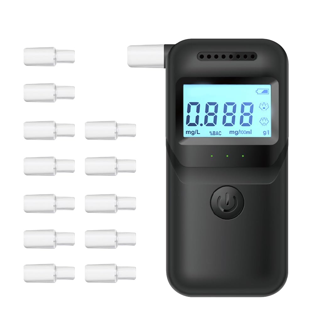 Gobesty Alkoholtester, Tragbarer Promillemessgerät mit 12 Mundstücken, Digitales Alkoholmessgerät mit LCD-Anzeige, Professioneller Alkohol Tester Promilletester für den Einsatz zu Hause oder auf Party von Gobesty