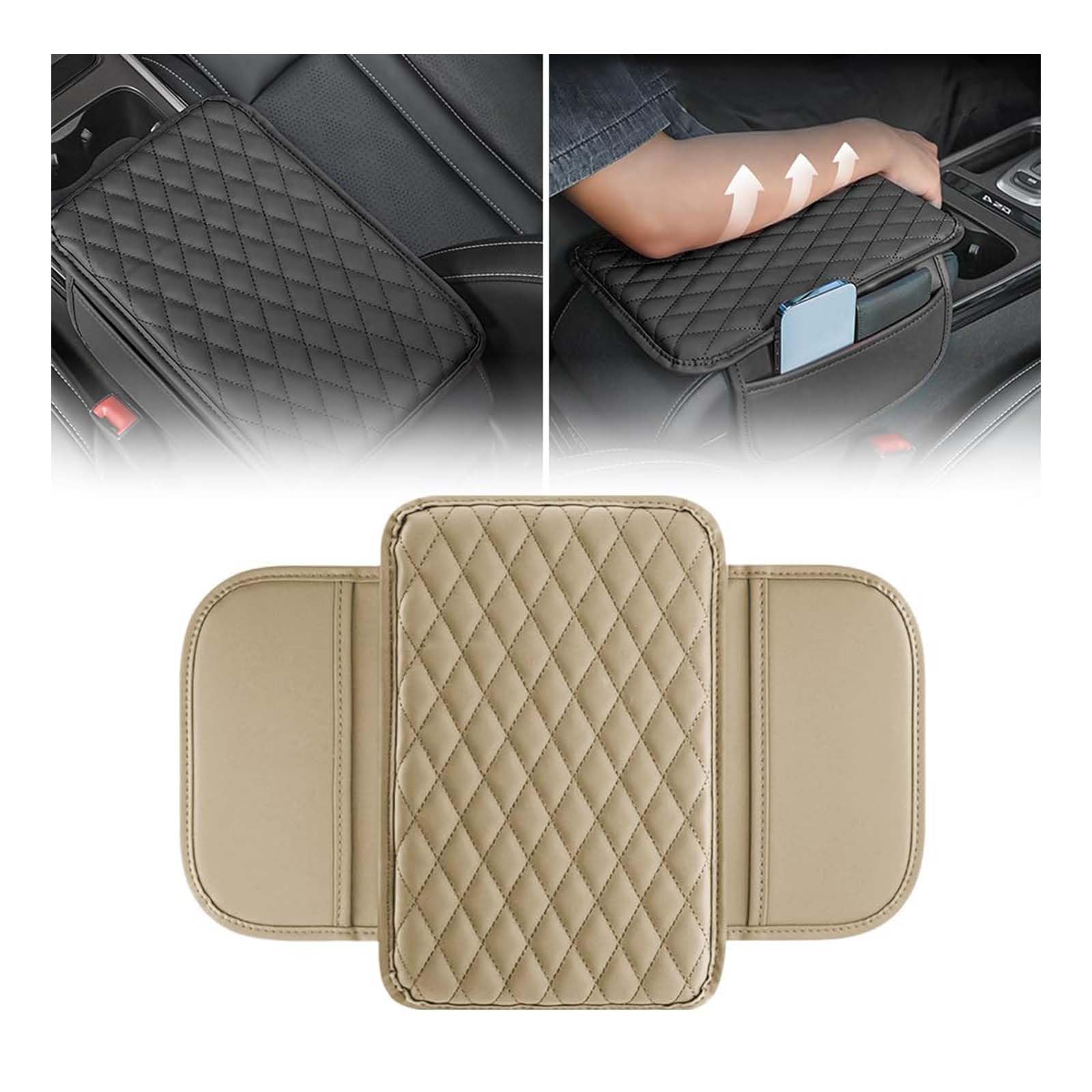 Leder-Armlehnen-Kastenpolster, Auto-Mittelkonsolen-Kissen, wasserdichte Auto-Mittelkonsolen-Abdeckung, Leder-Armlehnenbezug, Armlehnenkissen für Auto, Mittelkonsolen-Pad (Beige) von Godemmio