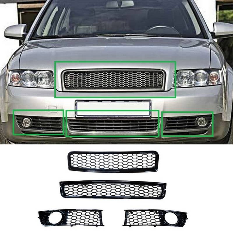 Kühlergrill + Stoßstange Waben Gitter LINKS + RECHTS + MITTE SCHWARZ GLANZ für Audi A4 8E B6 ab 2001-2005 von Goingfast GmbH