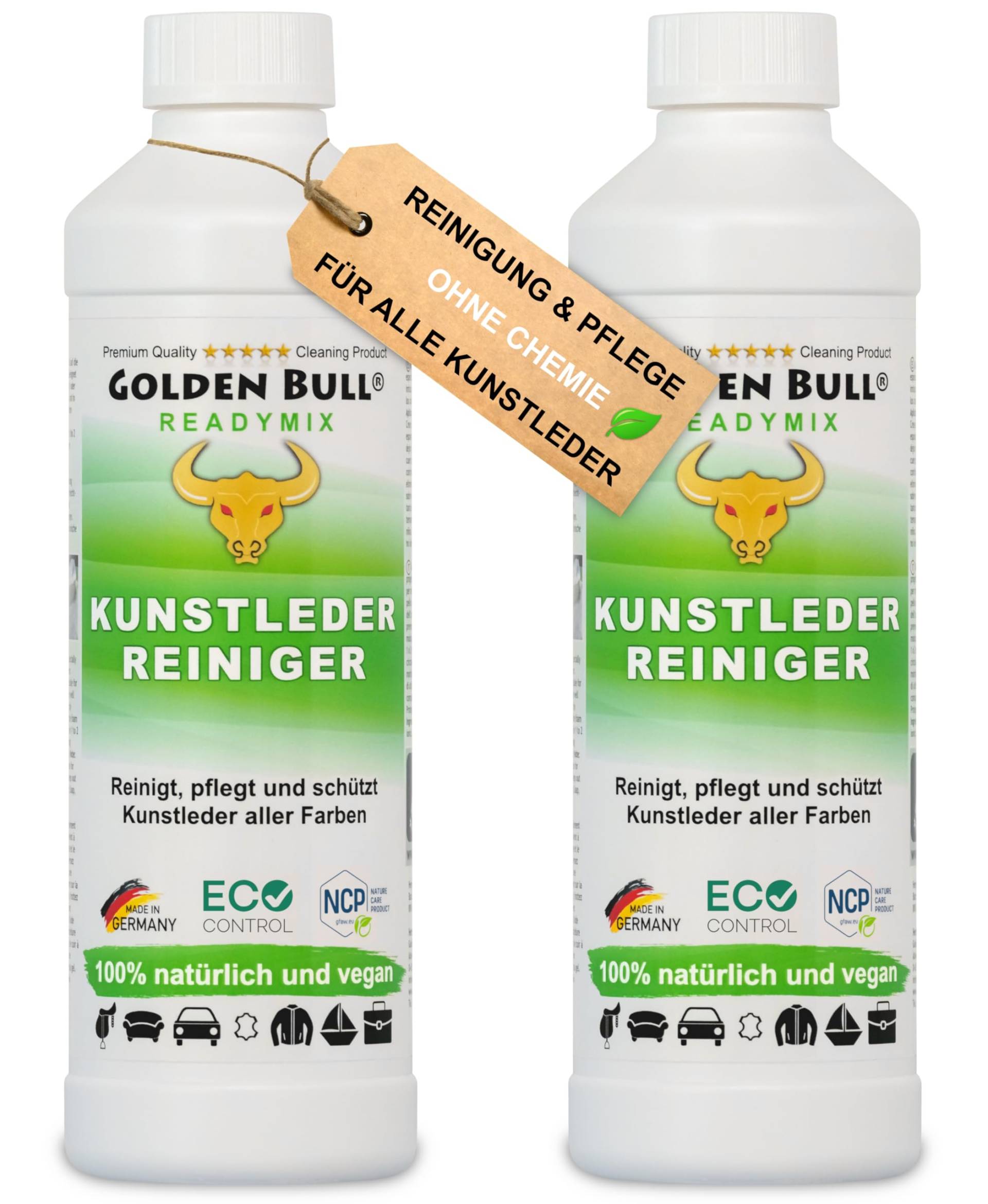 Golden Bull® Kunstleder Reiniger & Kunstleder Pflege 2x500ml [VEGAN - OHNE Chemie] Kunstlederreiniger für Auto, Sofa & Couch Reinigung - Natürliches Kunstleder-Pflegemittel mit Farbauffrischung von GOLDEN BULL Lederreinigung und Pflege