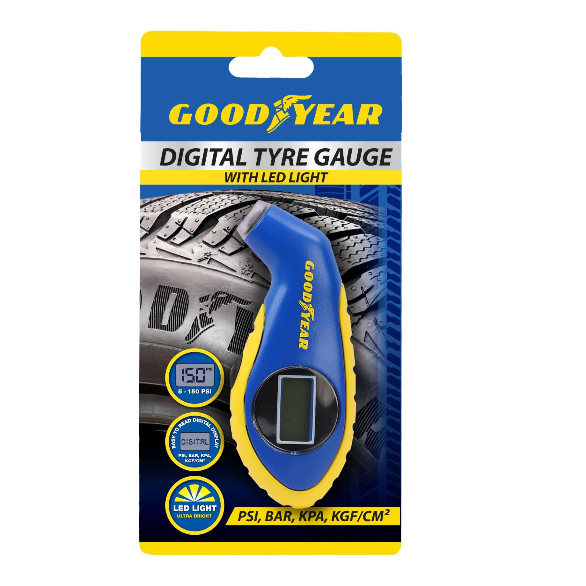 Goodyear Digitaler Reifendruckprüfer mit LCD-Display | Präzise 0-150 PSI Messung | Kompakt & Tragbar | Ideal für Autos, Motorräder & Fahrräder | Langlebiges & Ergonomisches Design von Goodyear