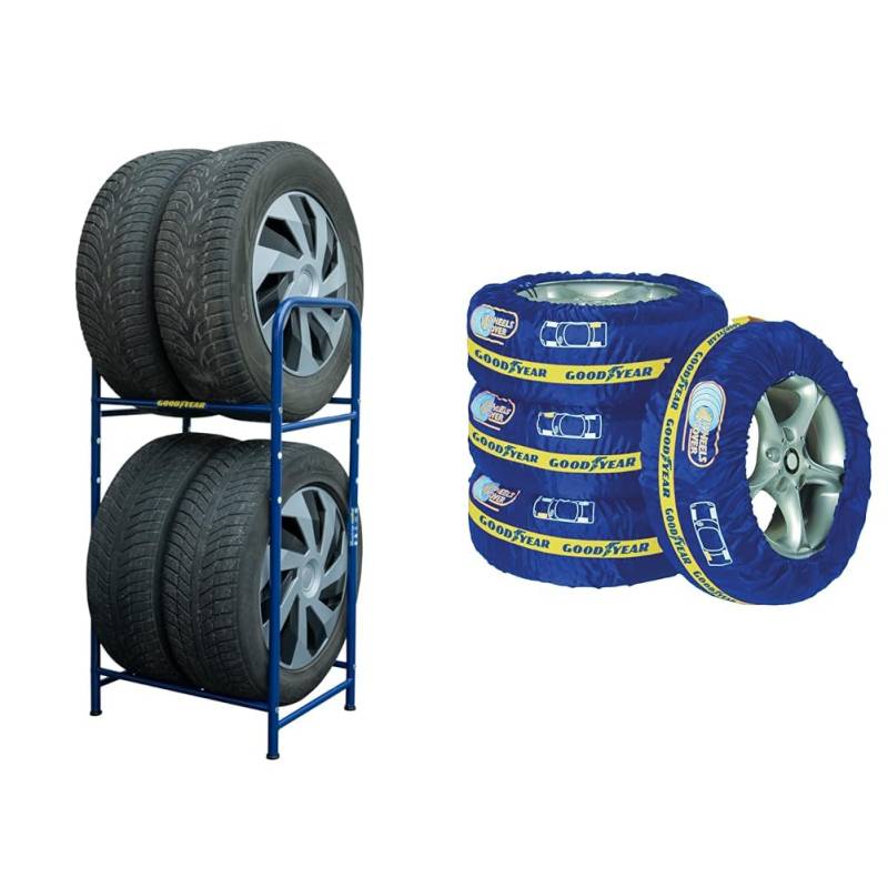 Goodyear Reifenregal für 4 Reifen, platzsparende Aufbewahrung, höhenverstellbar, 2 Ebenen, Tragkraft bis zu 120 kg & 75526 Reifenabdeckung, 4er-Set von Goodyear