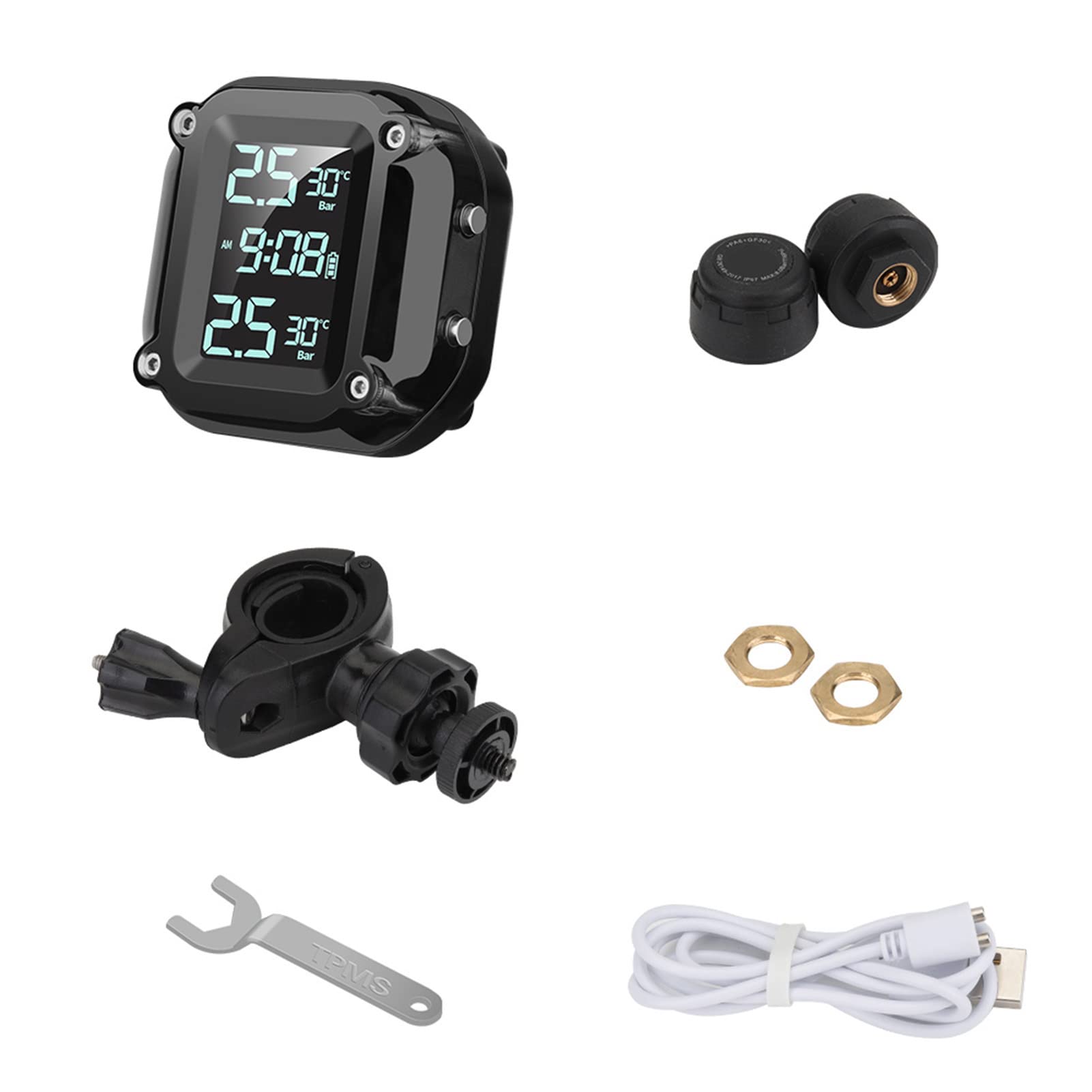 Goolsky Shkalacar TPMS Reifendruck Kontrollsystem Motorrad, Drahtloses USB-Lade für Motorräder mit 2 externen Sensoren, Digitales LCD-Display Zweirädriges von Goolsky