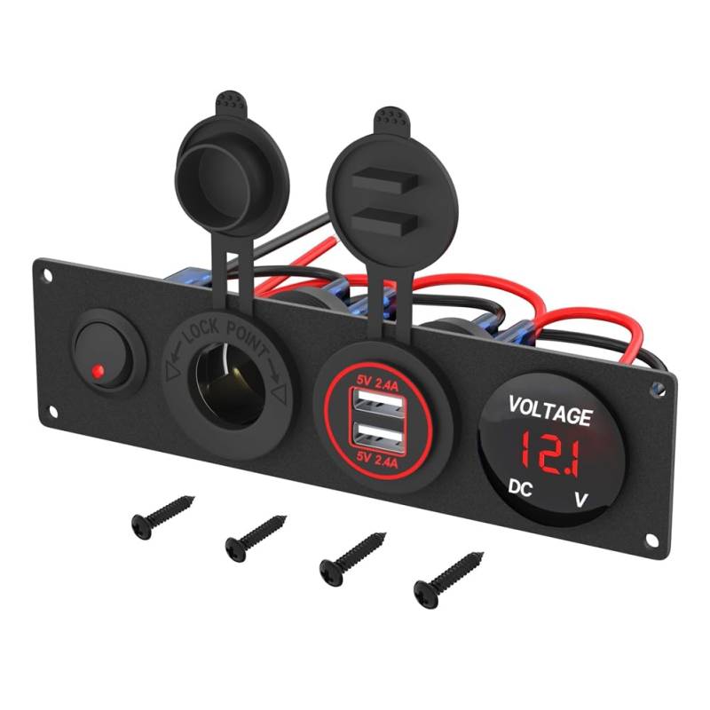 Goorvoucs 4-In-1 12-V-USB-Panel + LED-Voltmeter & Dual-USB-Ladebuchse & Zigarettenanzünderbuchse & Kippschalter-Panel, Rot von Goorvoucs