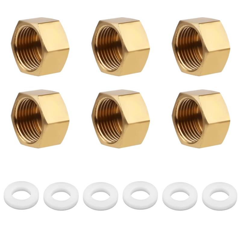 6 Stück 3/8 NPT Messing Rohrkappe, 3/8 Zoll Messing Kompressionskappe Fittings mit Gummidichtungen, Rohrstopfen Kappen Stoppventilkappe für Wasserleitung von Gosknor