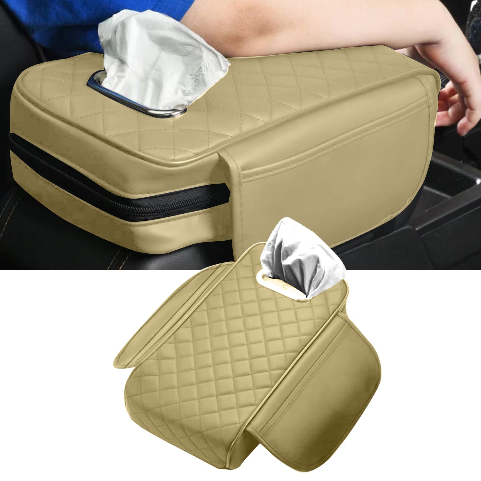 Auto Konsole Armlehne Pad mit Taschentuchbox, Auto Armlehne Sitz Aufbewahrungsbox Pad mit Tasche, Memory Foam Auto Armlehne Kissen Kissen, Autozubehör (Beige) von Gotrain