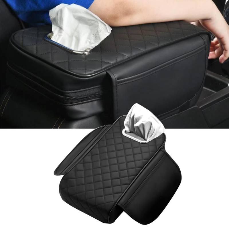 Auto Konsole Armlehne Pad mit Taschentuchbox, Auto Armlehne Sitz Aufbewahrungsbox Pad mit Tasche, Memory Foam Auto Armlehne Kissen Kissen, Autozubehör (Schwarz) von Gotrain