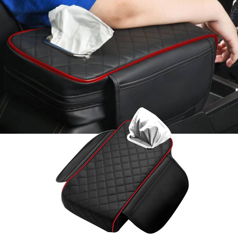 Auto Konsole Armlehne Pad mit Taschentuchbox, Auto Armlehne Sitz Aufbewahrungsbox Pad mit Tasche, Memory Foam Auto Armlehne Kissen Kissen, Autozubehör (Schwarz-Rot) von Gotrain