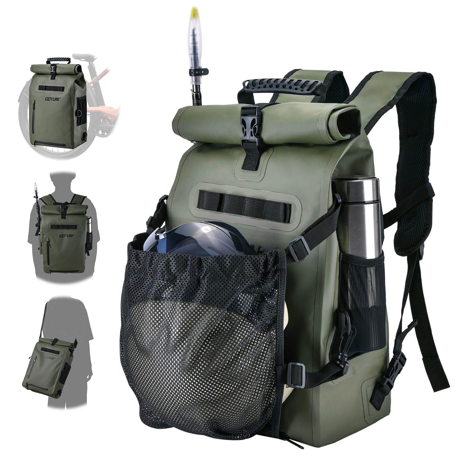 Goture Fahrradtasche für Gepäckträger [25L Volumen], 3in1 wasserdichte Gepäckträgertasche, Motorradtasche, Rucksack, Laptoptasche, Reisetasche, Professionelles Fahrradzubehör, Militärgrün von Goture