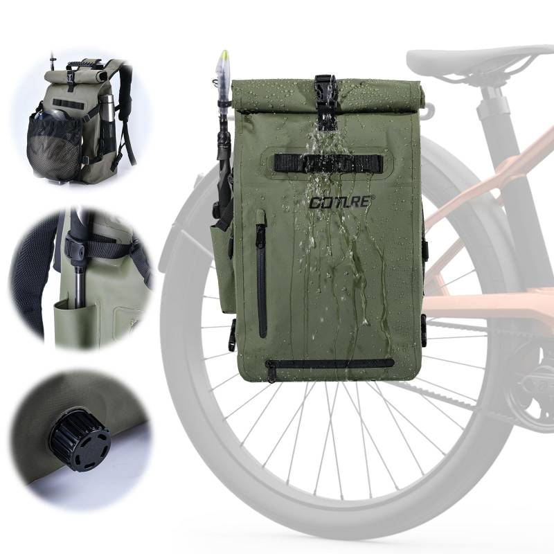 Goture Fahrradtasche für Gepäckträger [25L Volumen], 3in1 wasserdichte Gepäckträgertasche, Motorradtasche, Rucksack, Laptoptasche, Reisetasche, Professionelles Fahrradzubehör, Militärgrün von Goture