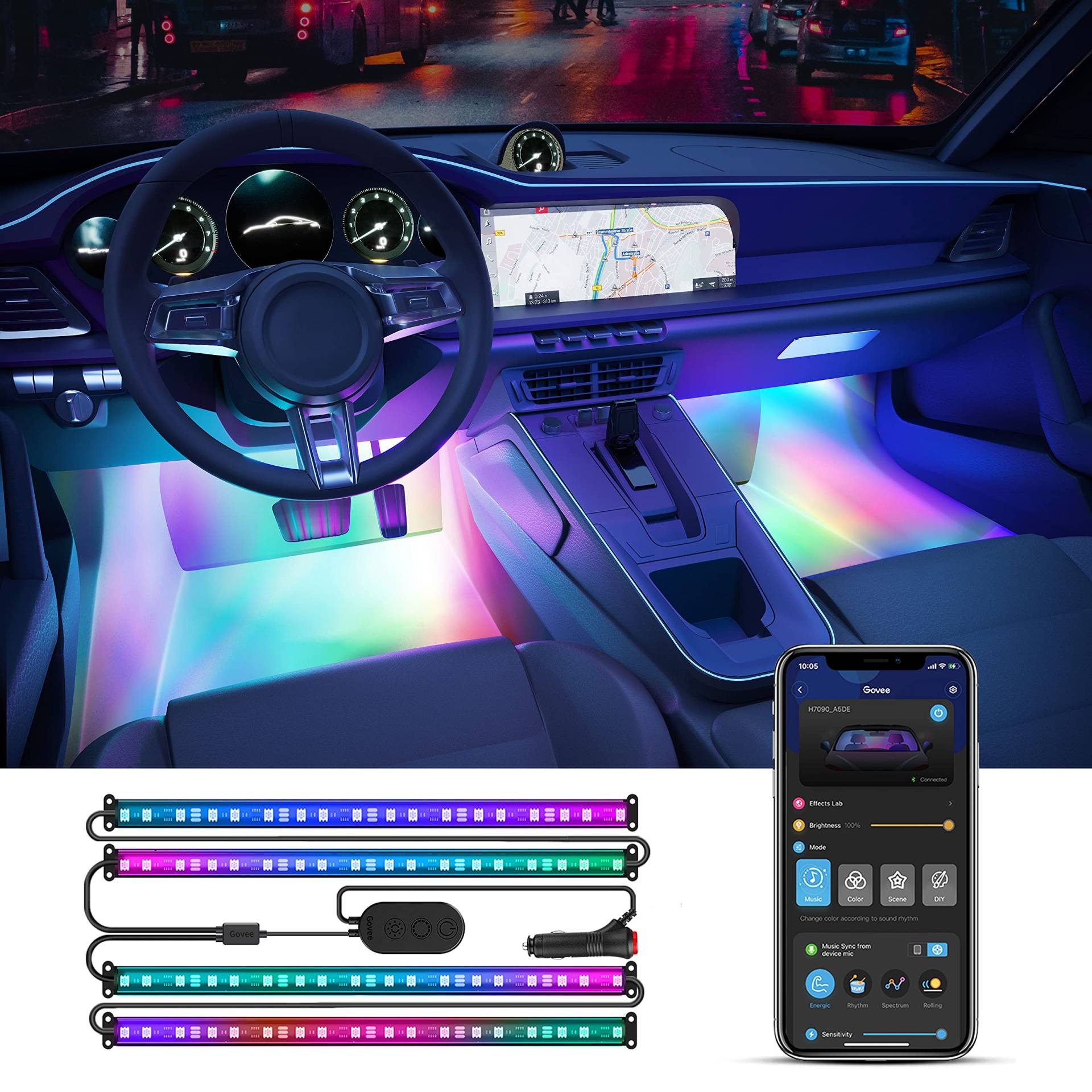 Govee Smart Car LED Strip Lights, RGBIC Interior Car Lights with 4 Music Modi, 30 Scenene Options and 16 Million Colors, APP Control 2 Lines Design LED Car Lights for SUVs, DC 12V von Govee