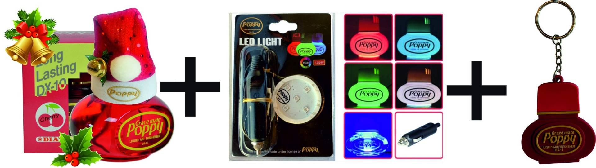 Grace Mate Poppy Lufterfrischer RGB Farben LED Beleuchtung und Weinachtsmütze, Duft Inhalt 150 ml, 12-24 Volt Anschluss für PKW-LKW (Kirsche) INKL. Poppy Schlüsselbund von Grace Mate Poppy