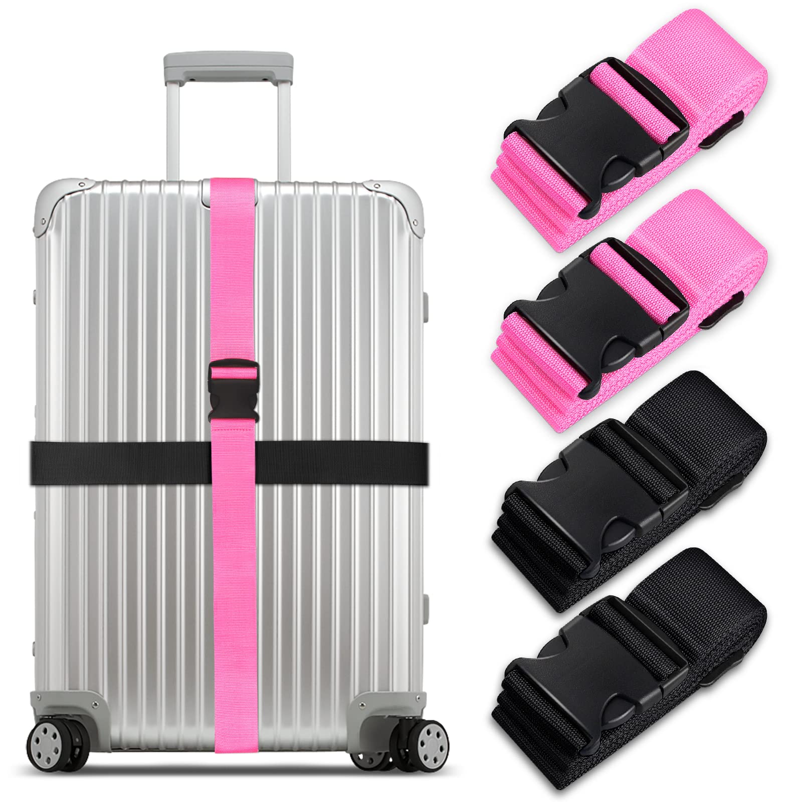 Koffergurt Set, gepäckband, kofferbänder, koffergurte Personalisierte Identifikation Verstellbare Rutschfestes Reisezube (Schwarz Rosa, 4 Stück Set) von Grantop