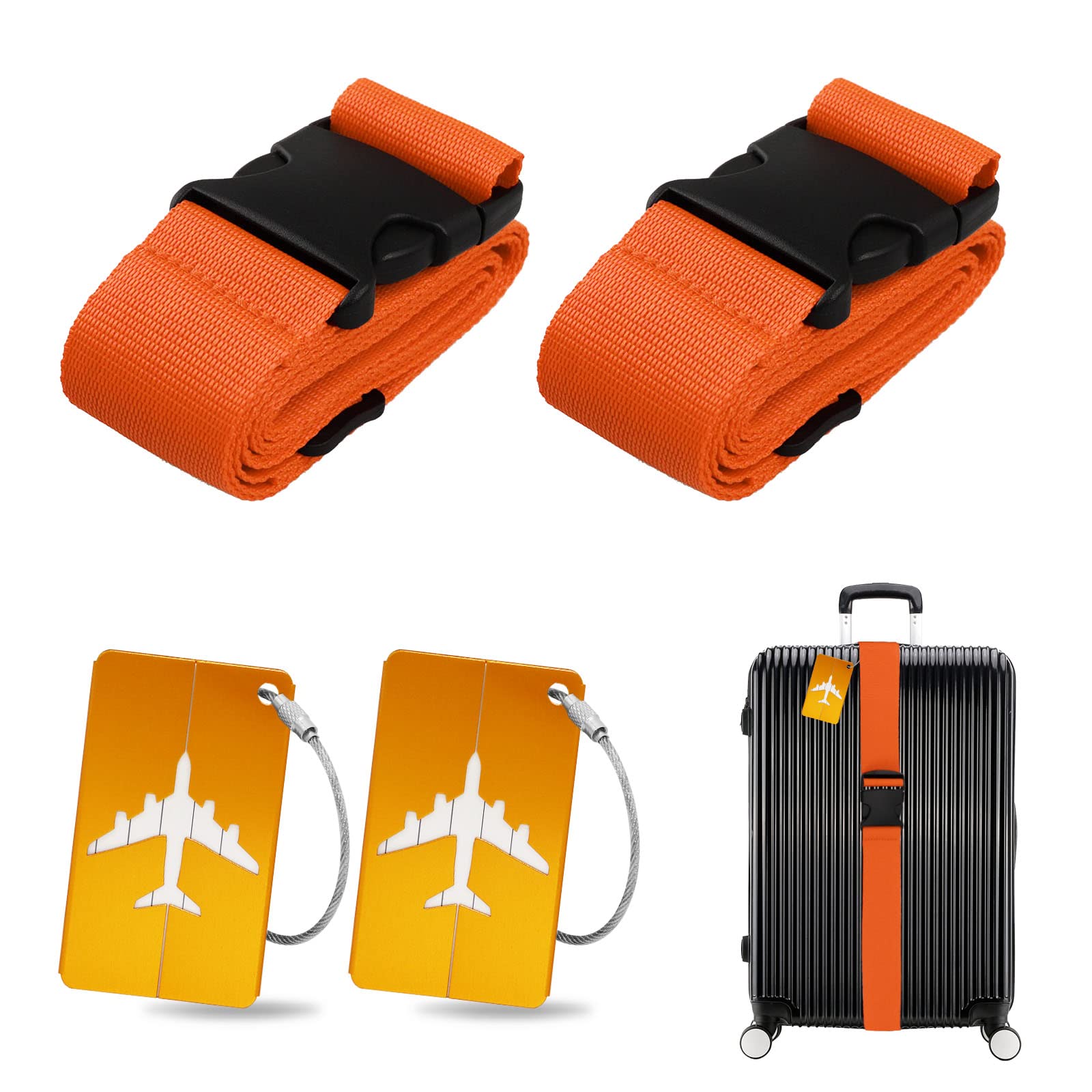 Koffergurt Kofferanhänger Set, 2 Stück gepäckband mit 2 Stück Gepäckanhänger Set, Kofferband Gurt Personalisierte Identifikation für Schnell erkennen Gepäck Reisetasche Koffer (Orange) von Grantop