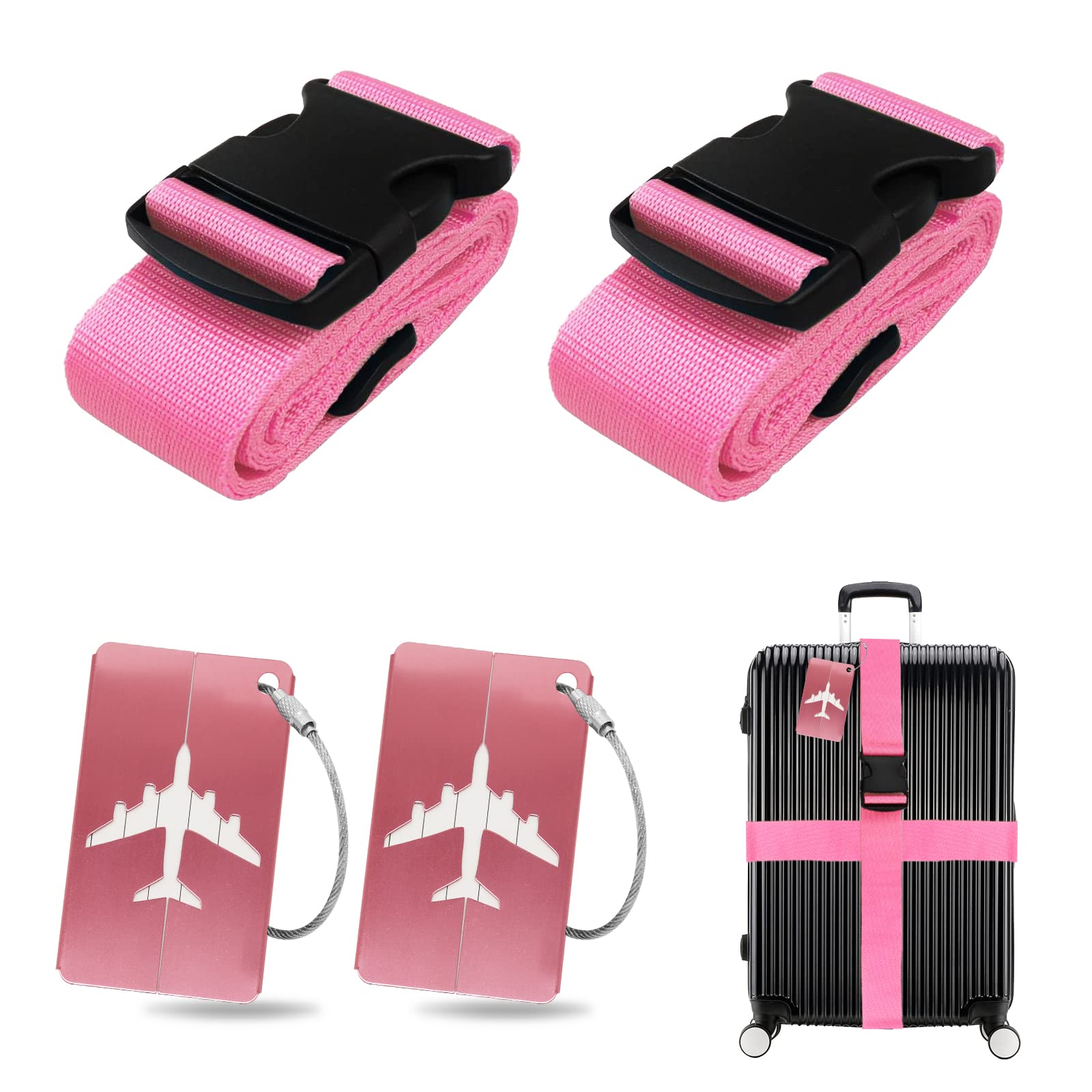 Koffergurt Kofferanhänger Set, 2 Stück gepäckband mit 2 Stück Gepäckanhänger Set, Kofferband Gurt Personalisierte Identifikation für Schnell erkennen Gepäck Reisetasche Koffer (Rosa) von Grantop