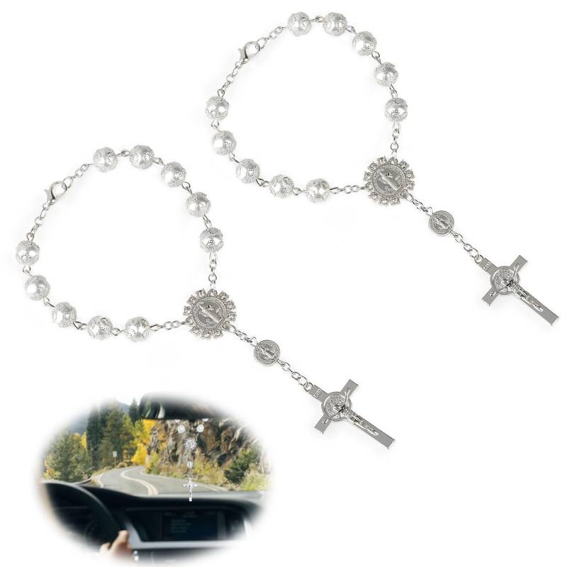 2 Stück Auto Rosenkranz Kreuz, Auto-Rosenkranz für Rückspiegel, Kreuz Christian Armband, Rosenkranz Kreuz, Auto-Hängezubehör, Rückspiegel-Anhänger, für Auto-Rückspiegel/Innenspiegel/Sonnenblende von Grasslandy