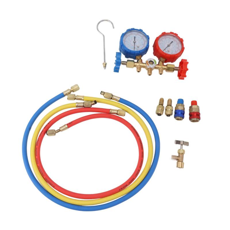 Grcfumo Klimaanlagen-Manometer, ablesbares Zifferblatt für Kältemittel-Niedrig- und Hochdruck-Manometer, 3-Wege-AC-Diagnose-Verteiler-Manometer-Set zum Laden von Grcfumo