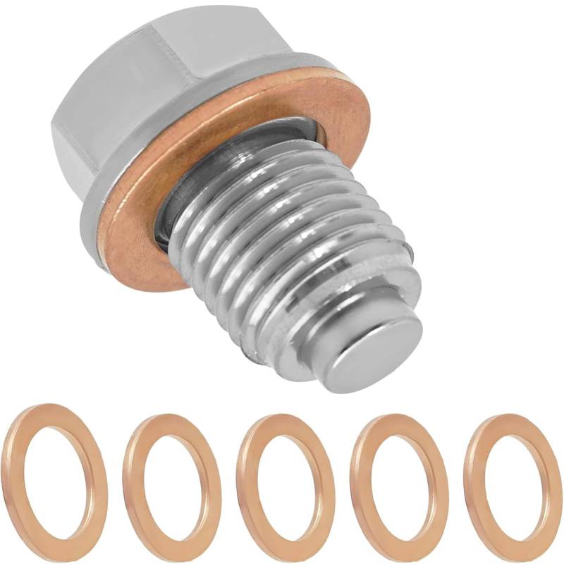 Magnetische Ölablassschraube, M14 x 1,5 Unterlegscheibe aus Edelstahl, Ölablassschraube mit 5 Kupferscheiben, Ersatz für die meisten Autos, Boote, Motorräder von Greacesrio