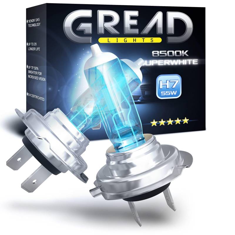 Gread - H7 Lampe Auto H7 12V 55W - super-white - Frontscheinwerfer 8500k E-Prüfzeichen eintragungsfrei - Xenon Optik - 2 Stück von Gread