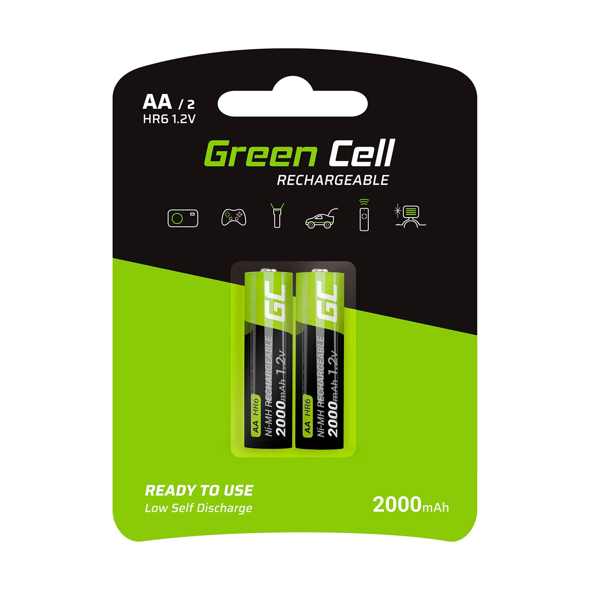 GREEN CELL Akku 2000 mAh 1.2V 2 Stück Mignon wiederaufladbare Batterien AA, Typ NI-MH, 1.2v vorgeladen, hohe Kapazität, zuverlässige Akku Batterien AA, langlebige Batterie AA Lösungen von Green Cell