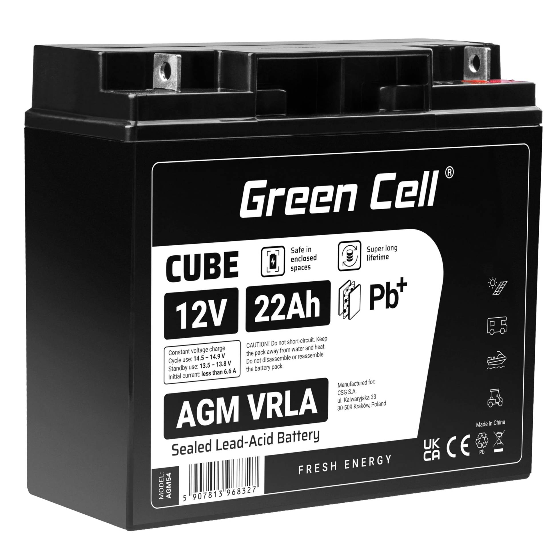 Green Cell® AGM 12V 22Ah Akku Vlies Batterie VRLA Blei Batterie Bleiakku Ersatzakku Akkubatterie Versorgungsbatterie Zyklenfest Wartungsfrei USV | Golfwagen | Rasenmäher | Rollstuhl | Scooter | Quad von Green Cell