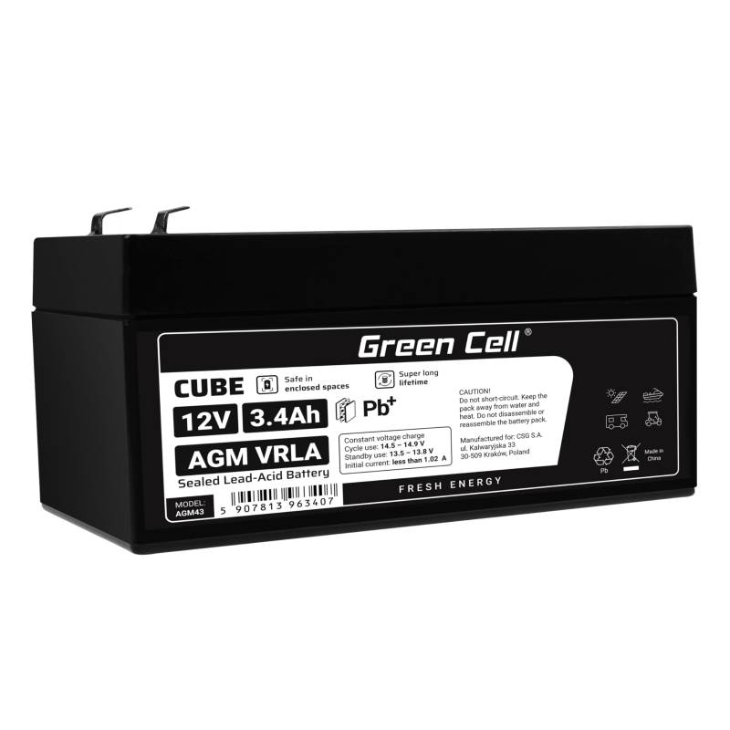 Green Cell® AGM 12V 3,4Ah Akku Vlies Batterie VRLA Blei Batterie Bleiakku Ersatzakku Gel Akkubatterie Versorgungsbatterie Zyklenfest Wartungsfrei für Elektro Spielzeug Alarm Notstrom Kasse CCTV von Green Cell