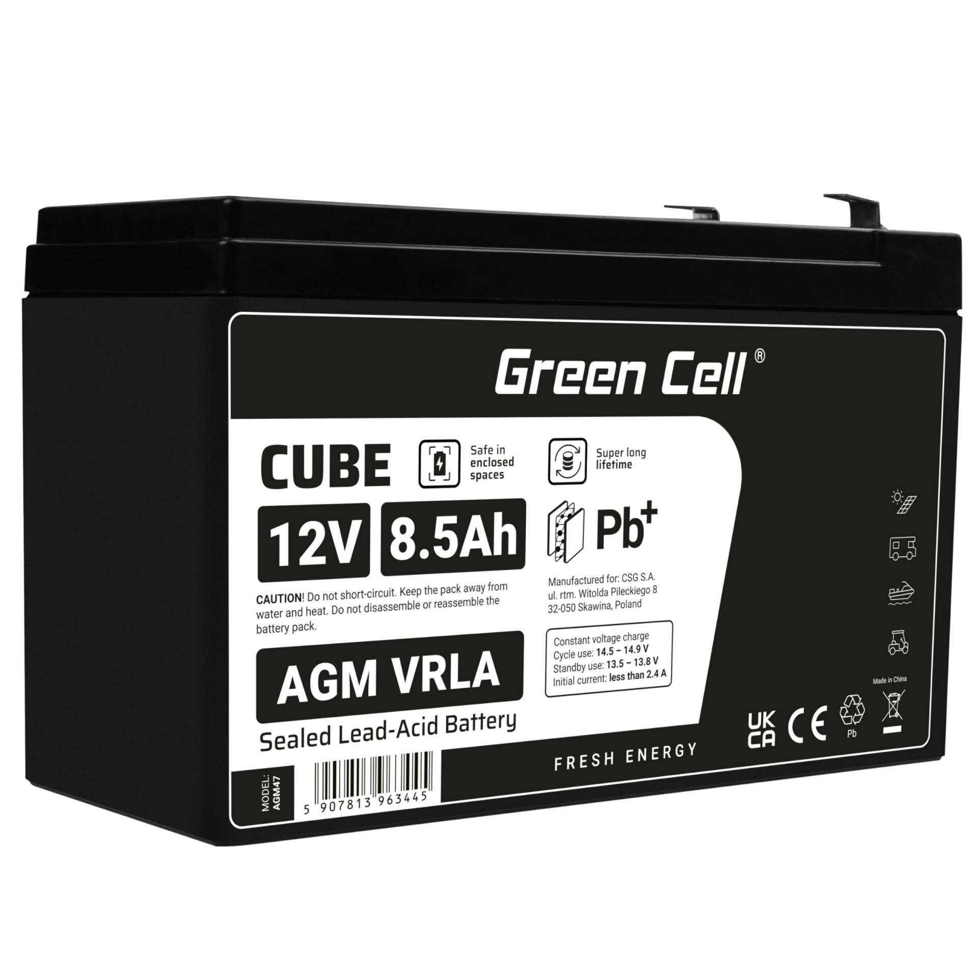 Green Cell® AGM 12V 8,5Ah Akku Vlies Batterie VRLA Blei Batterie Bleiakku Ersatzakku Versorgungsbatterie Zyklenfest Wartungsfrei für Alarm | USV | UPS | Energiereserve | Sicherheitstechnik | Telekom von Green Cell