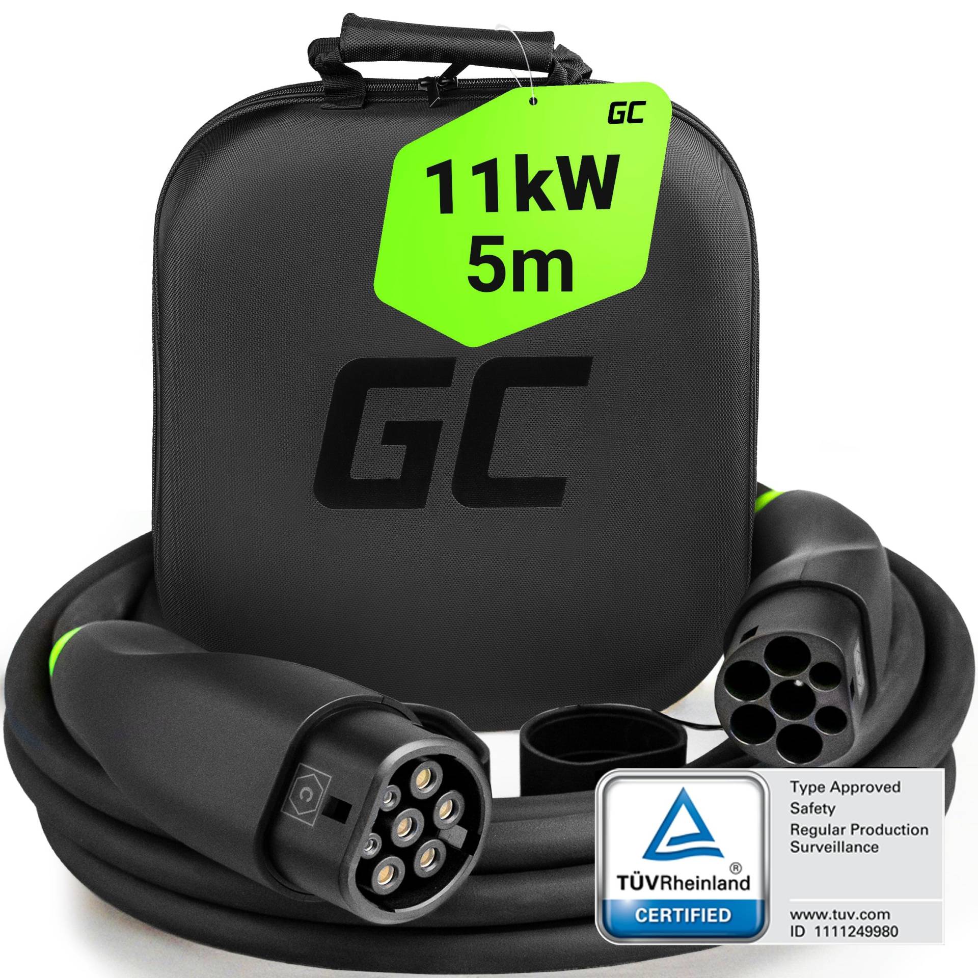 Green Cell GC Snap Typ 2 Ladekabel 11kW 5m 16A für EV Elektroautos Typ 2 auf Typ 2 3-Phasig TÜV Kompatibel mit Model Y 3 S X, ID.3, ID.4, Q4 e-tron, i4, iX1, 500e, Enyaq, EV6, EQA inkl Premium Koffer von Green Cell