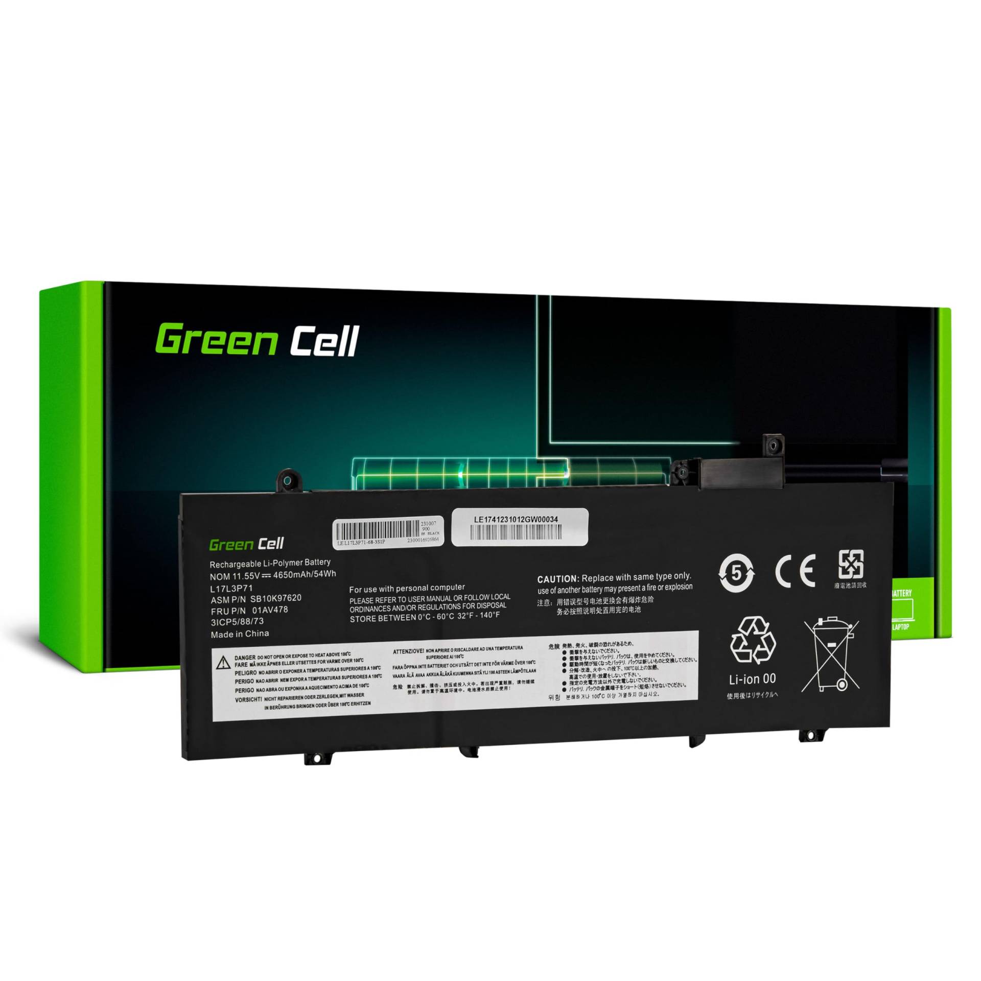 Green Cell L17L3P71 L17M3P71 L17M3P72 Akku für Lenovo ThinkPad T480s Laptop (4650mAh 11.55V Schwarz) von Green Cell