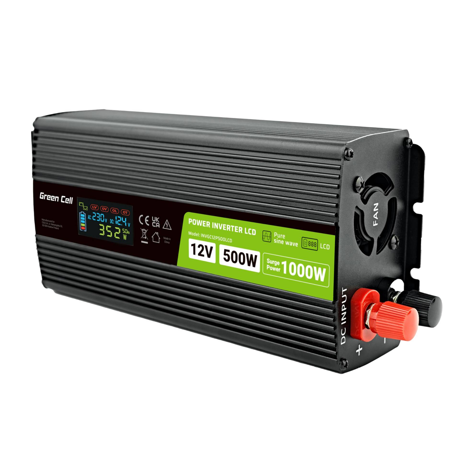 Green Cell LCD Spannungswandler 500W/1000W 12V auf 230V Reiner Sinus Volt Spannungswandler Wechselrichter Konverter Pure Sine Wave Power PowerInverter DC AC Umwandler Stromwandler Wohnwagen Auto von Green Cell