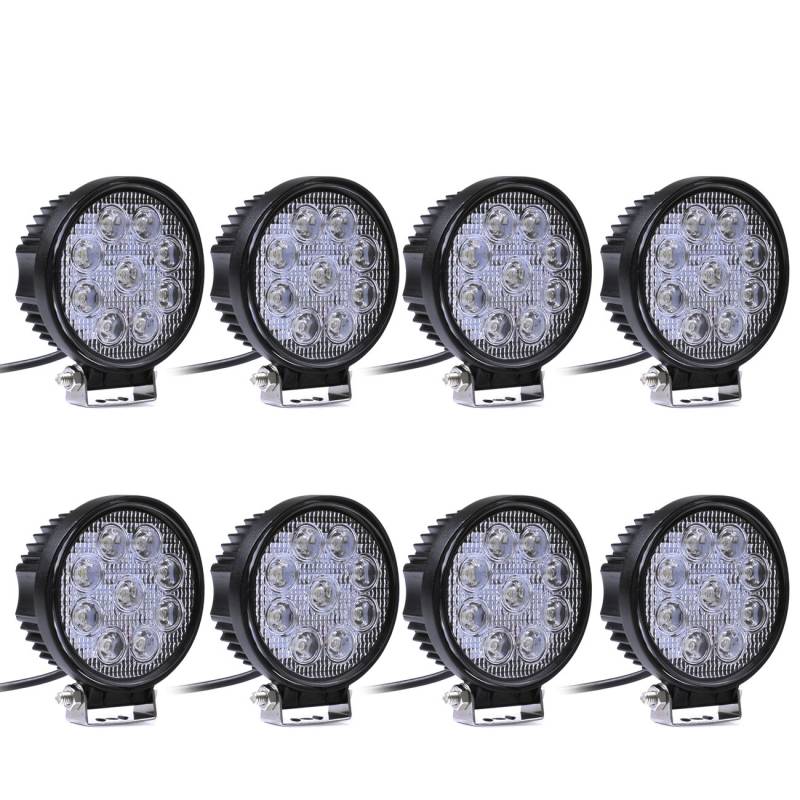 Greenmigo 8x 27W Rund Led Scheinwerfer Offroad Lampe Flood Arbeitsscheinwerfer LED Arbeitslicht 12V 24V Zusatzscheinwerfer Rückfahrscheinwerfer für Traktor Bagger SUV - 60 Grad Wasserdicht IP67 2250LM von Greenmigo