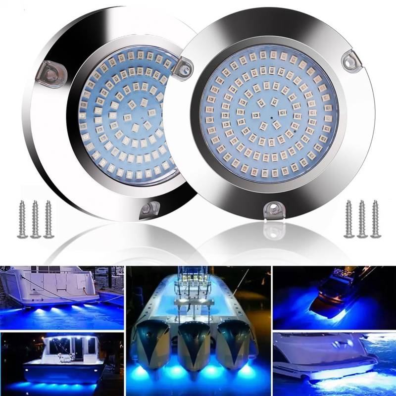 Greluma 2 stk 90 leds boots geführte unterwasserlichter,12V/24V rundes marineponton boots hecklicht, IP68 wasserdichte bootsdeckleuchten aus edelstahl led heck angellichter -blaues Licht von Greluma