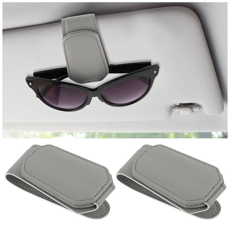 2 Stück Brillenhalter für Auto Sonnenblende Auto Visier Organizer Leder Sonnenbrillen Halterung Universal Auto Brillenhalter Clip,Auto Brillenhalter für Die Speicherung Sonnenbrille Karte Stift-Grau von Grevosea