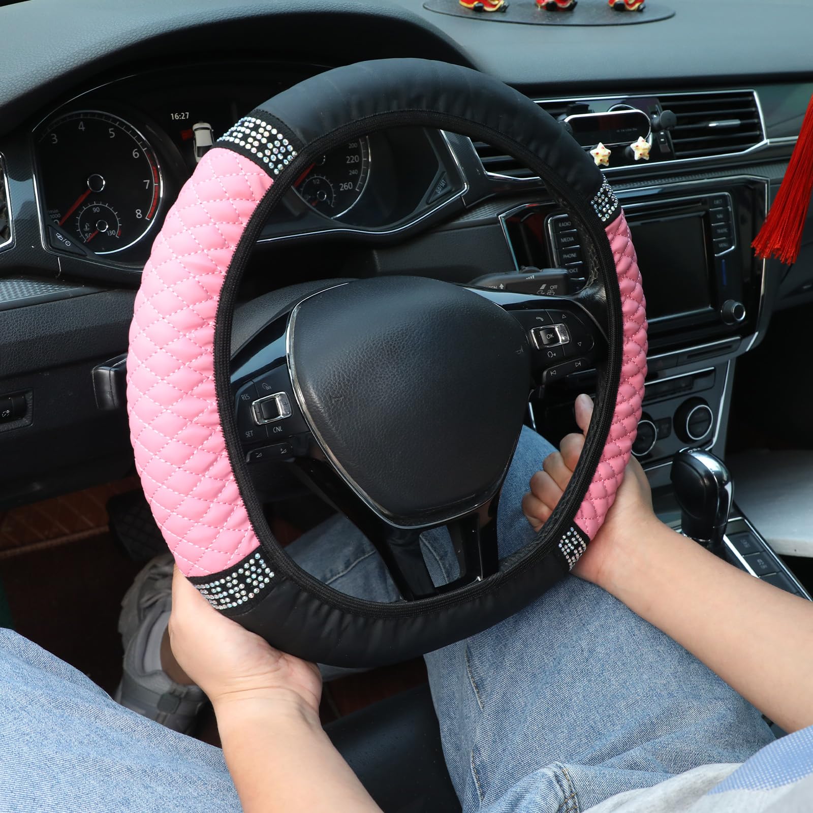 Lenkradbezug Glitzer Lenkradbezug Winter Anti Rutsch Universal rutschfest Lenkrad Abdeckung Glitzer Leder Lenkradbezug Atmungsaktiv für Frauen und Mädchen Die Meisten Autos,Suvs (Pink) von Grevosea