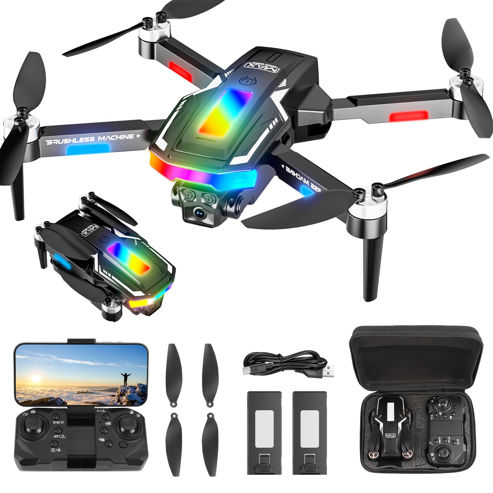 Drohne mit Kamera 4K, GuKKK Mini Drohne mit 2 Kameras HD, Faltbare FPV Drone Live Übertragung, Kamera Elektrisch Verstellbarer mit 2 Batterien,RC Drones WiFi FPV Übertragung Quadcopter für Anfänger von GuKKK