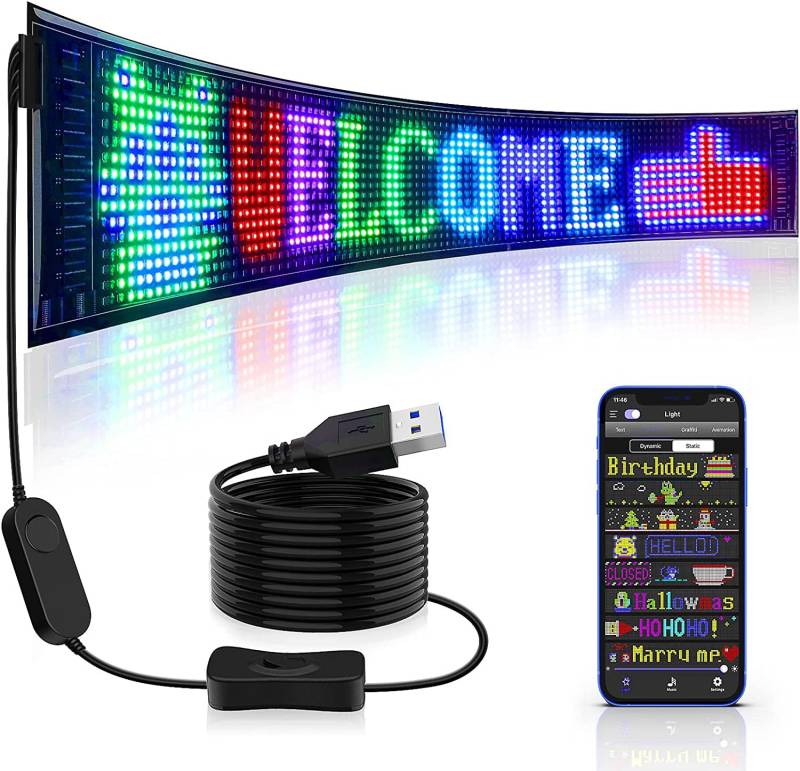 Scrollendes Helles Werbe LED Schild 173 * 70mm, IP65 Wasserdichtes USB-LED-Autoschild, Bluetooth-App-Steuerung, Individuelles Textmuster, LED-Anzeige für Auto-Bar-Party-Festival von Gugxiom