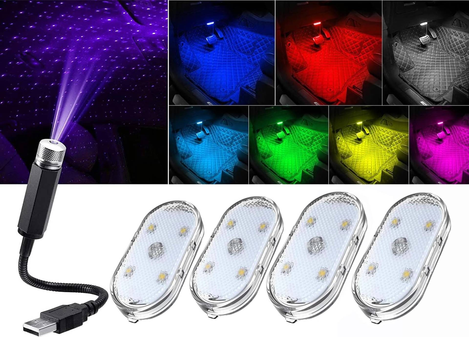 4 Stück Auto Led Innenbeleuchtung+LED Auto Decke Starlight,Auto Innen Atmosphäre Licht Mehrere Modi,Auto Wiederaufladbaren Mobilen USB Touch Auto Zubehör,Mehrfarbige Led Atmosphäre Licht von Guidre