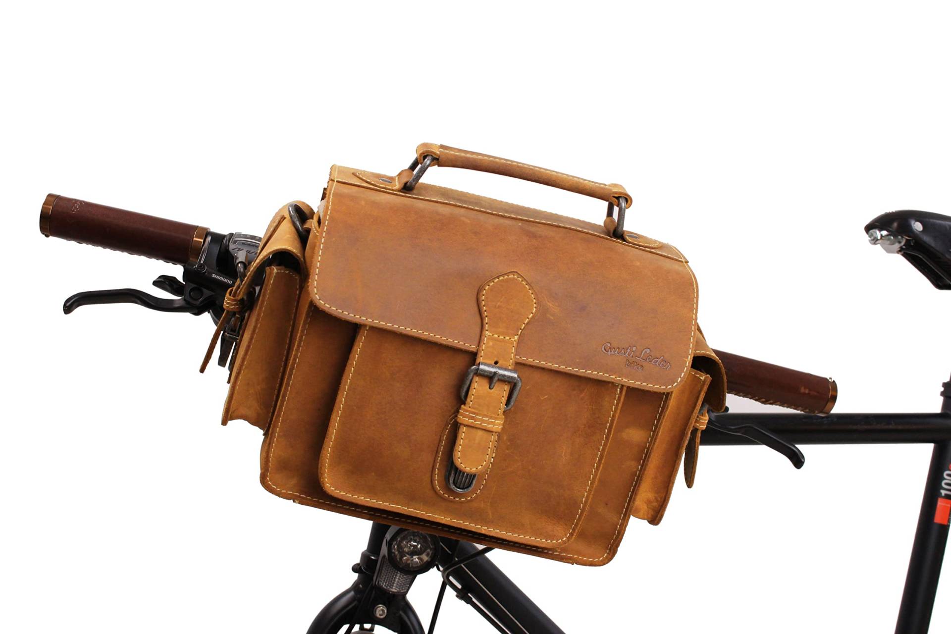 Gusti 2 in 1 Lenkertasche Leder - Gabriel Umhängetasche Fahrradtasche Tasche Ledertasche Vintage Braun Leder kompatibel mit KlickFix mit E-Bike Adapter von Gusti