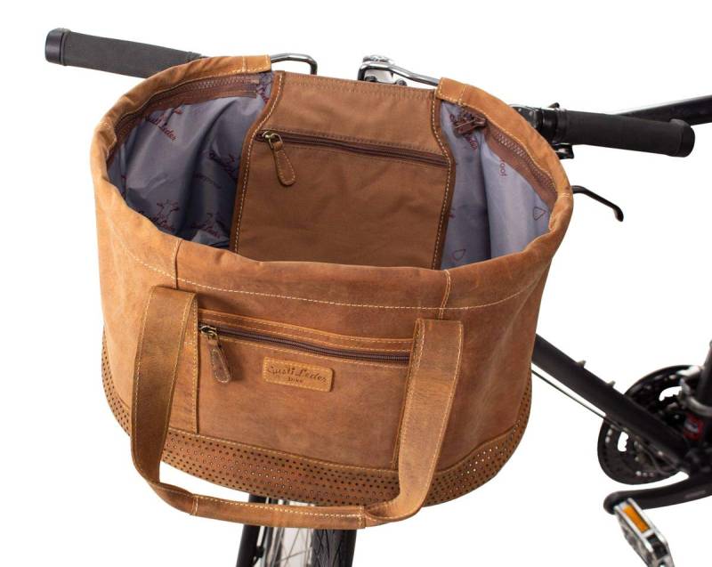 Gusti Lenkerkorb Leder- Egan B. Lenkerkorb Fahrradkorb abnehmbar Henkeltasche Picknickkorb Einarbeitung Braun Leder von Gusti