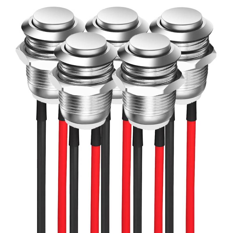 GUUZI 12mm Vorverdrahteter Verriegelnder Druckknopfschalter 2A 12V/24V/125V/250V AC, Selbstsichernder Wasserdichter Knopfschalter 5 Stck (Hoher Kopf) von Guuzi