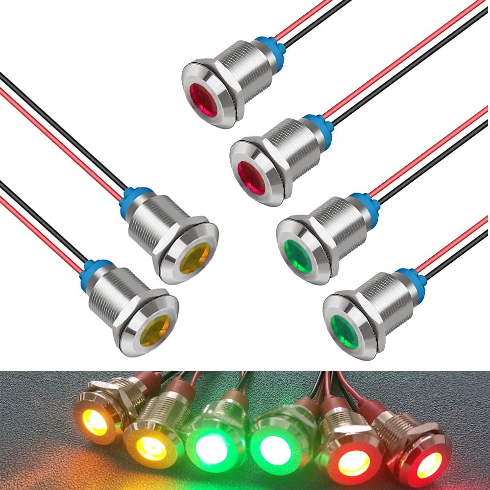 GUUZI 6pcs 12V-24V 12mm LED Panel Pilot Dash Warnlicht Kontrollleuchte Lampe Pilot Dash Glühbirnen Richtungs (Rot/Gelb/Grün) von Guuzi