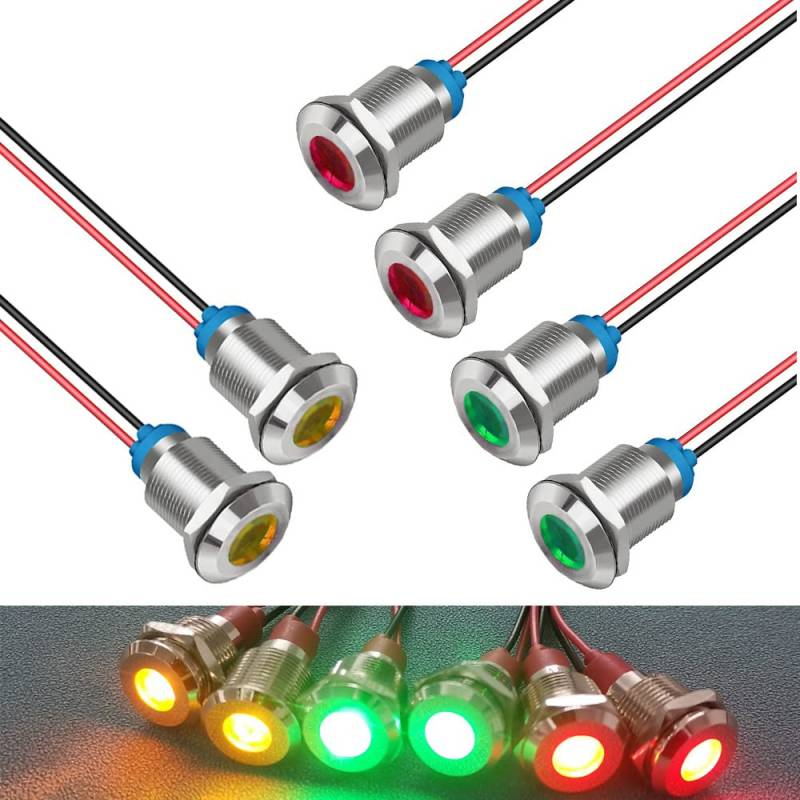 GUUZI 6pcs 12V-24V 12mm LED Panel Pilot Dash Warnlicht Kontrollleuchte Lampe Pilot Dash Glühbirnen Richtungs (Rot/Gelb/Grün) von Guuzi